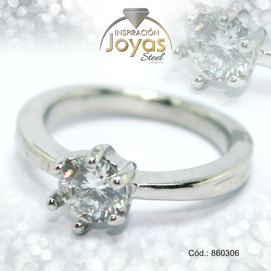 Anillo de Acero Solitario Circón Plateado Círculo Talla 7 - 860306