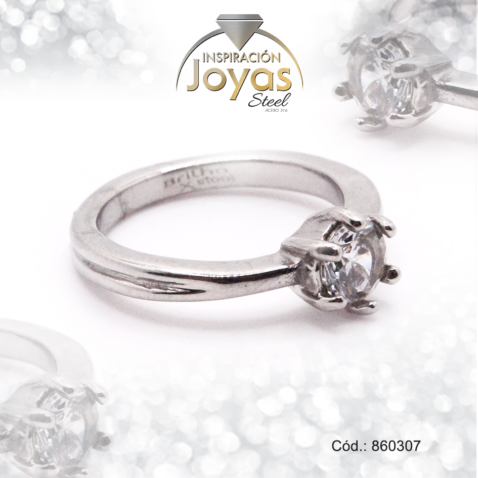 Anillo de Acero Solitario Circón Plateado Círculo Talla 8 - 860307