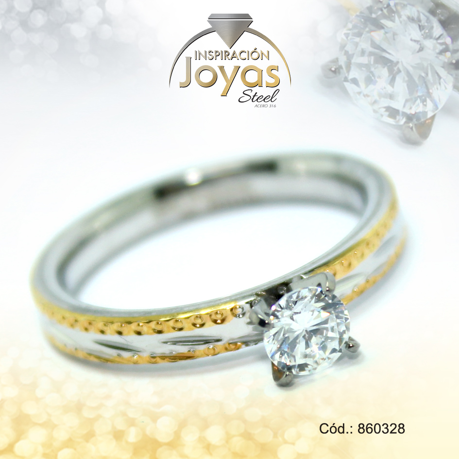 Anillo de Acero Solitario Circón 2 Tonos Círculo Talla 9 - 860328