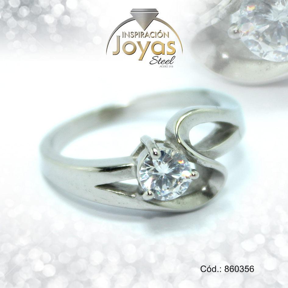 Anillo de Acero Solitario Circón Plateado Círculo Talla 7 - 860356