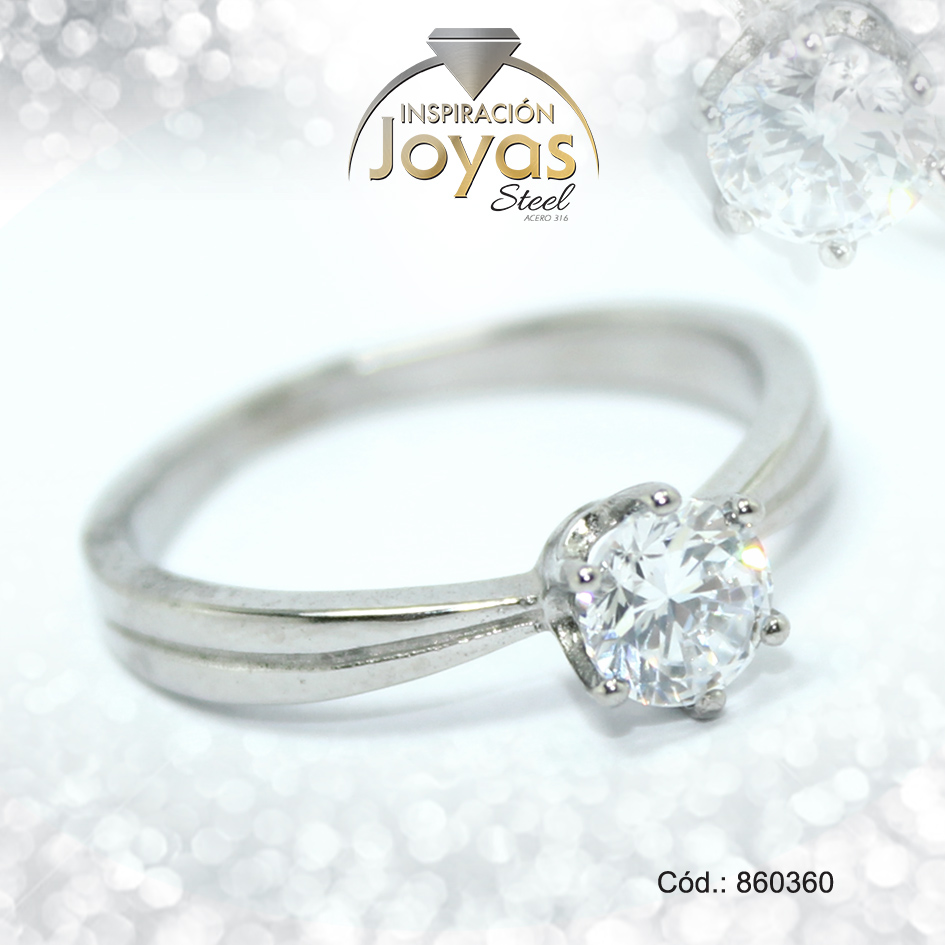 Anillo de Acero Solitario Circón Plateado Círculo Talla 8 - 860360