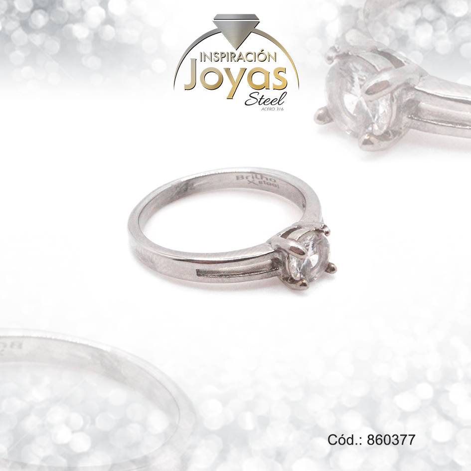 Anillo de Acero Solitario Circón Plateado Círculo Talla 8 - 860377