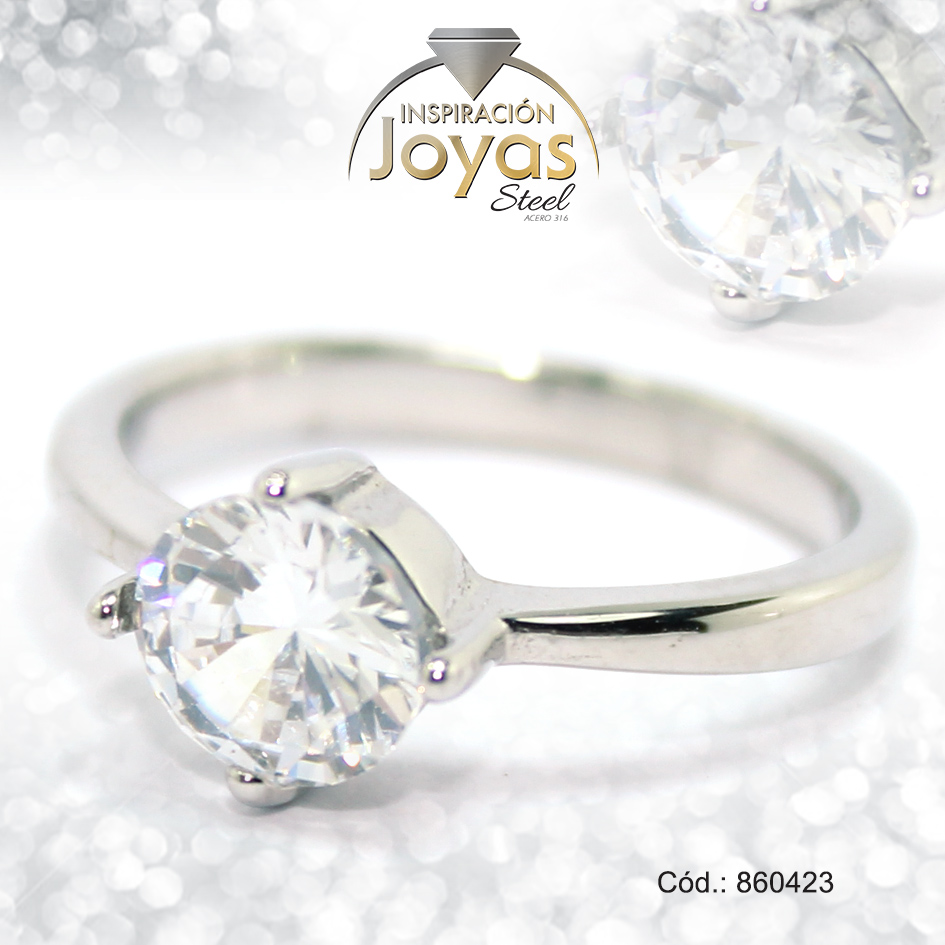 Anillo de Acero Solitario Circón Plateado Círculo Talla 6 - 860423