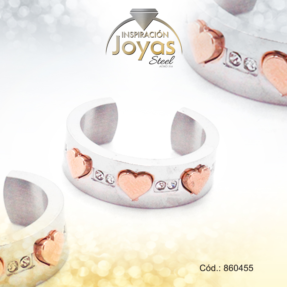 Anillo de Acero Ajustable Circón 2 Tonos Corazón Talla 9 - 860455