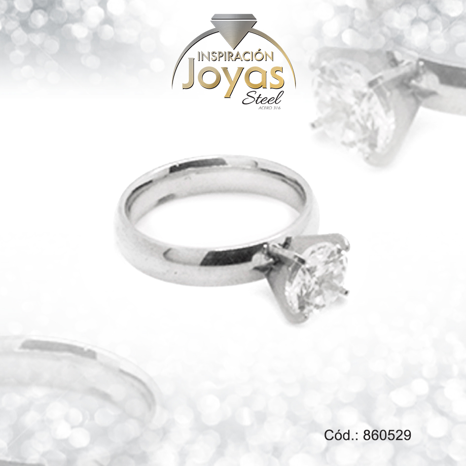 Anillo de Acero Solitario Circón Plateado Círculo Talla 7 - 860529