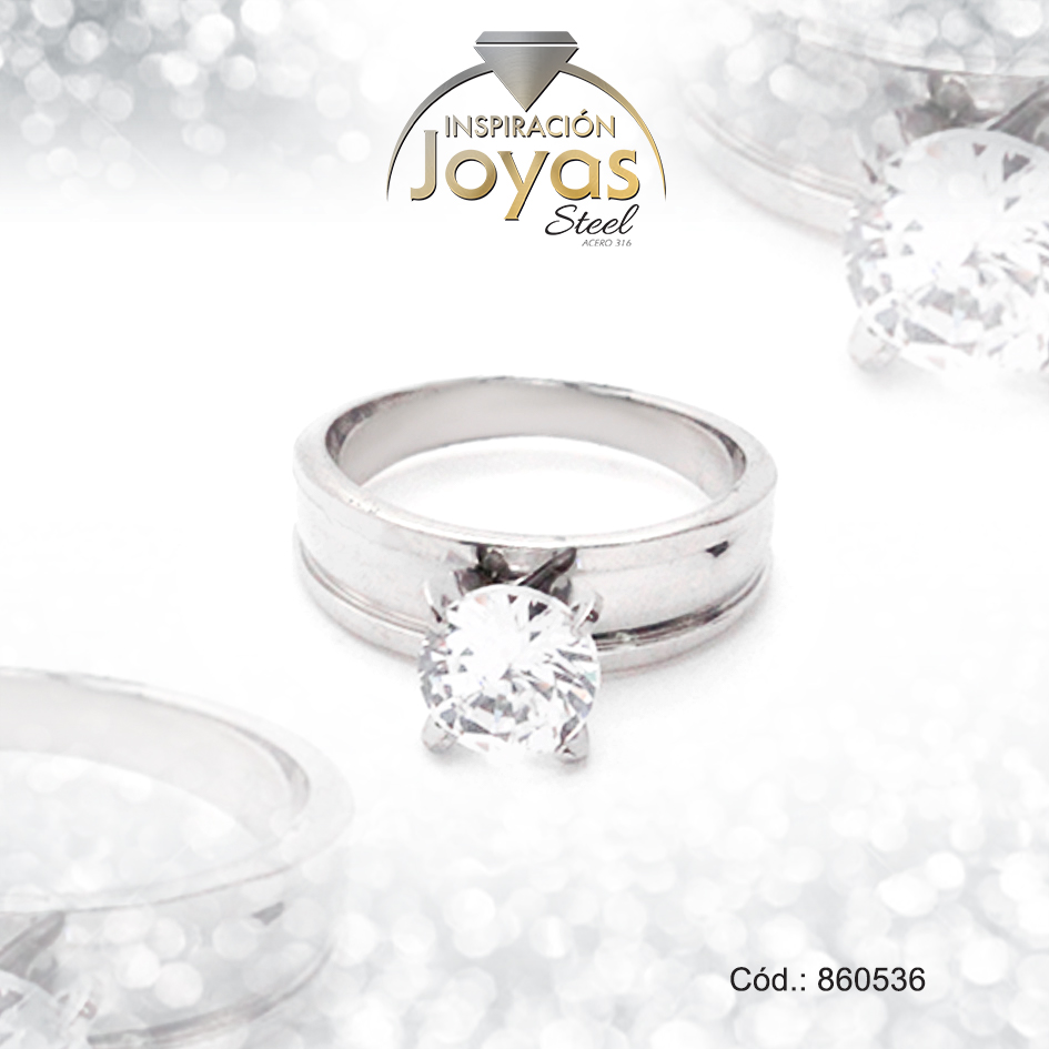 Anillo de Acero Solitario Circón Plateado Círculo Talla 9 - 860536