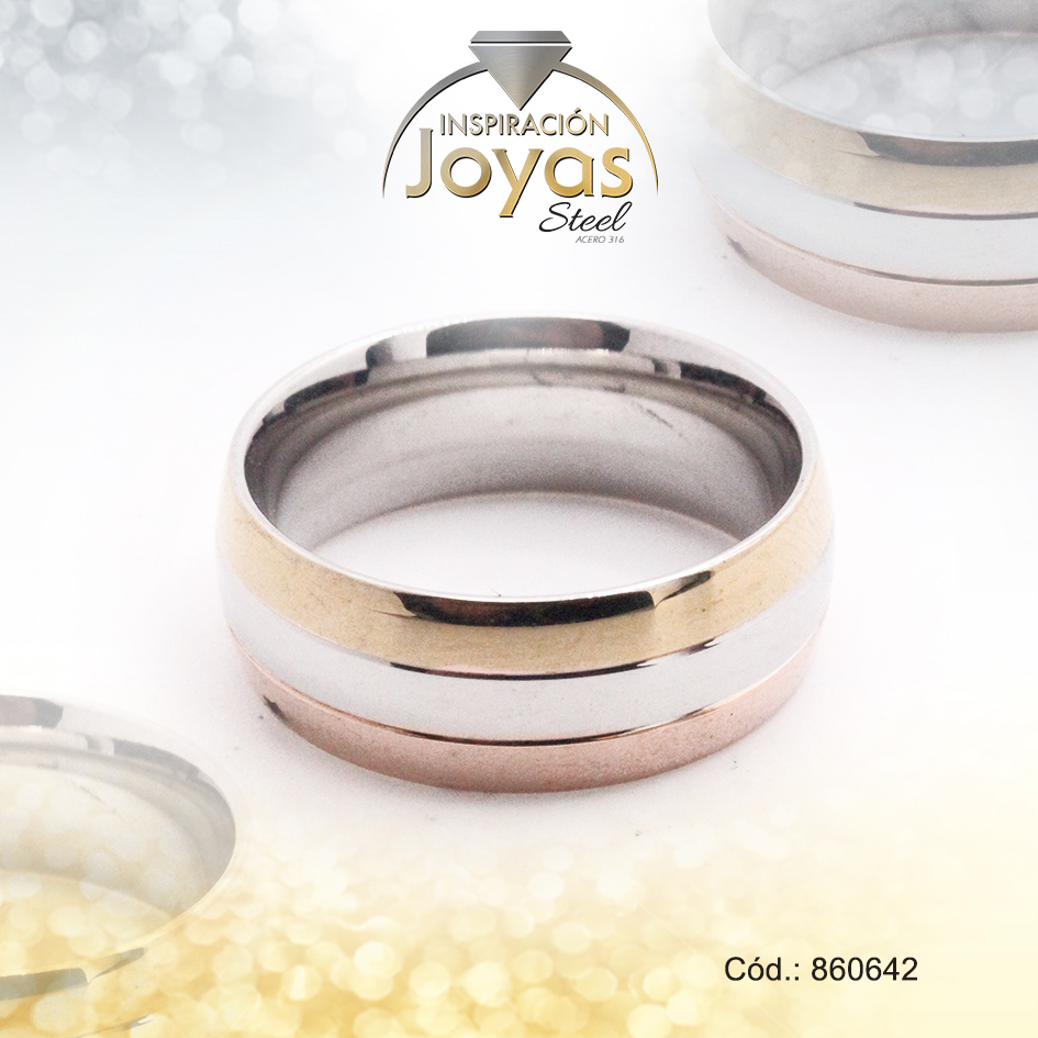 Anillo de Acero Matrimonio 3 Tonos Línea Talla 9 - 860642