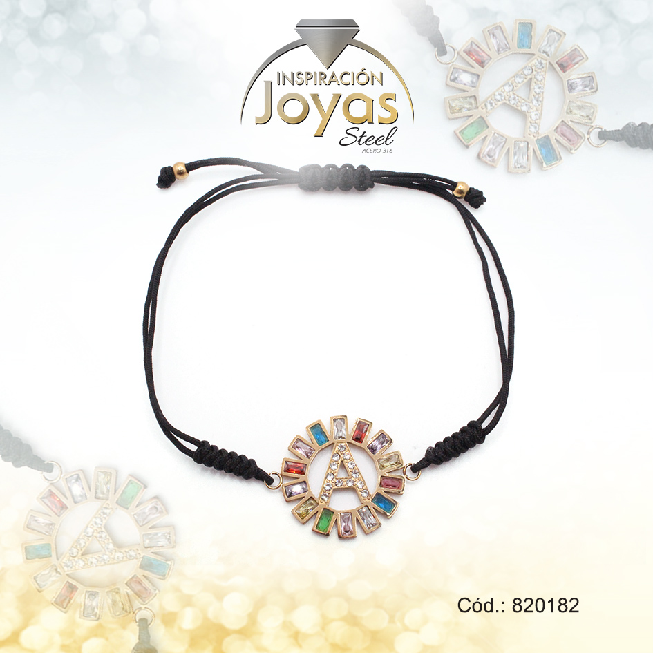 Pulsera de Acero Ajustable Hilo Negro Letra A Multi Color - 820182
