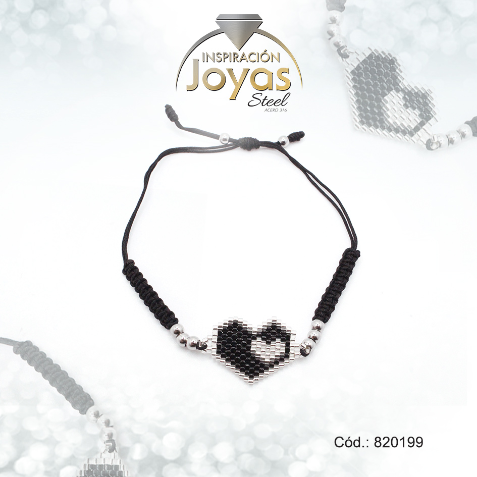 Pulsera de Acero Ajustable Hilo Negro Corazón Negro - 820199