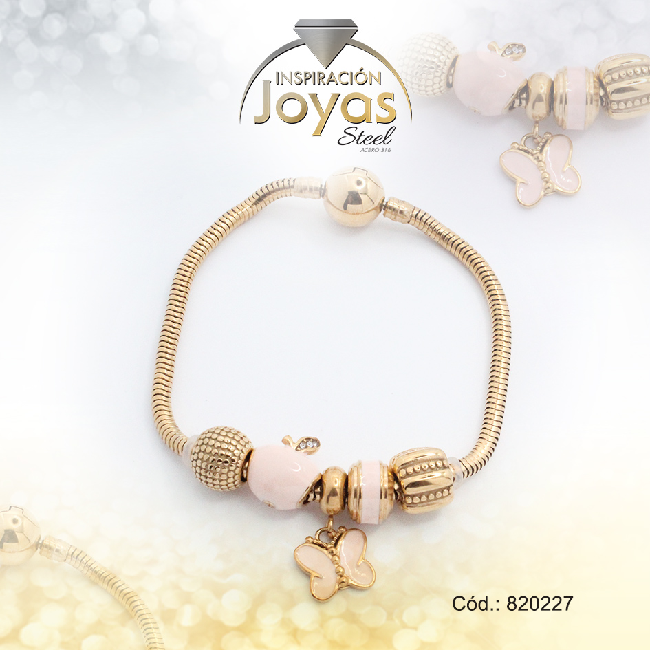 Pulsera de Acero Variado Esmalte Dorado Pandora Mariposa Blanco - 820227