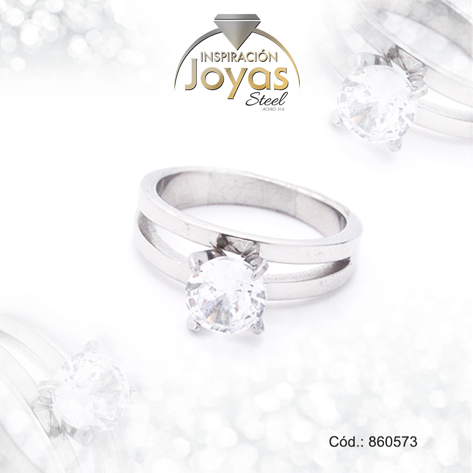 Anillo de Acero Solitario Circón Plateado Círculo Talla 8 - 860573
