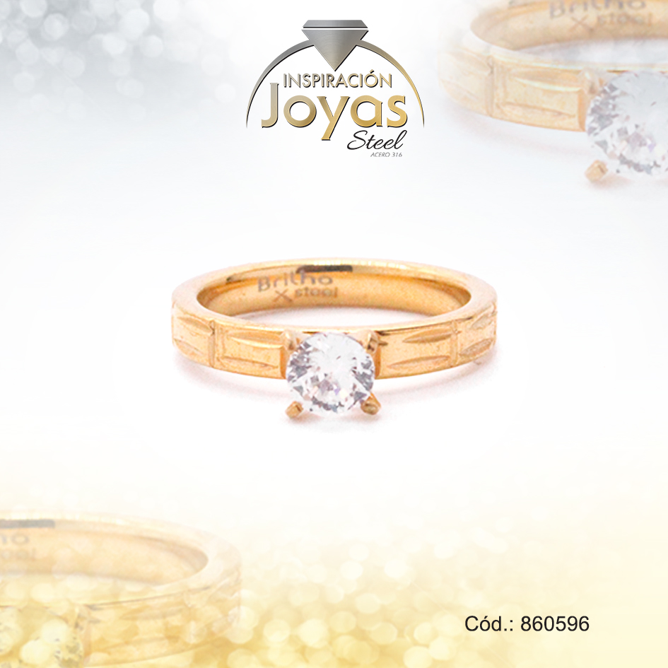 Anillo de Acero Solitario Circón Dorado Círculo Talla 8 - 860596