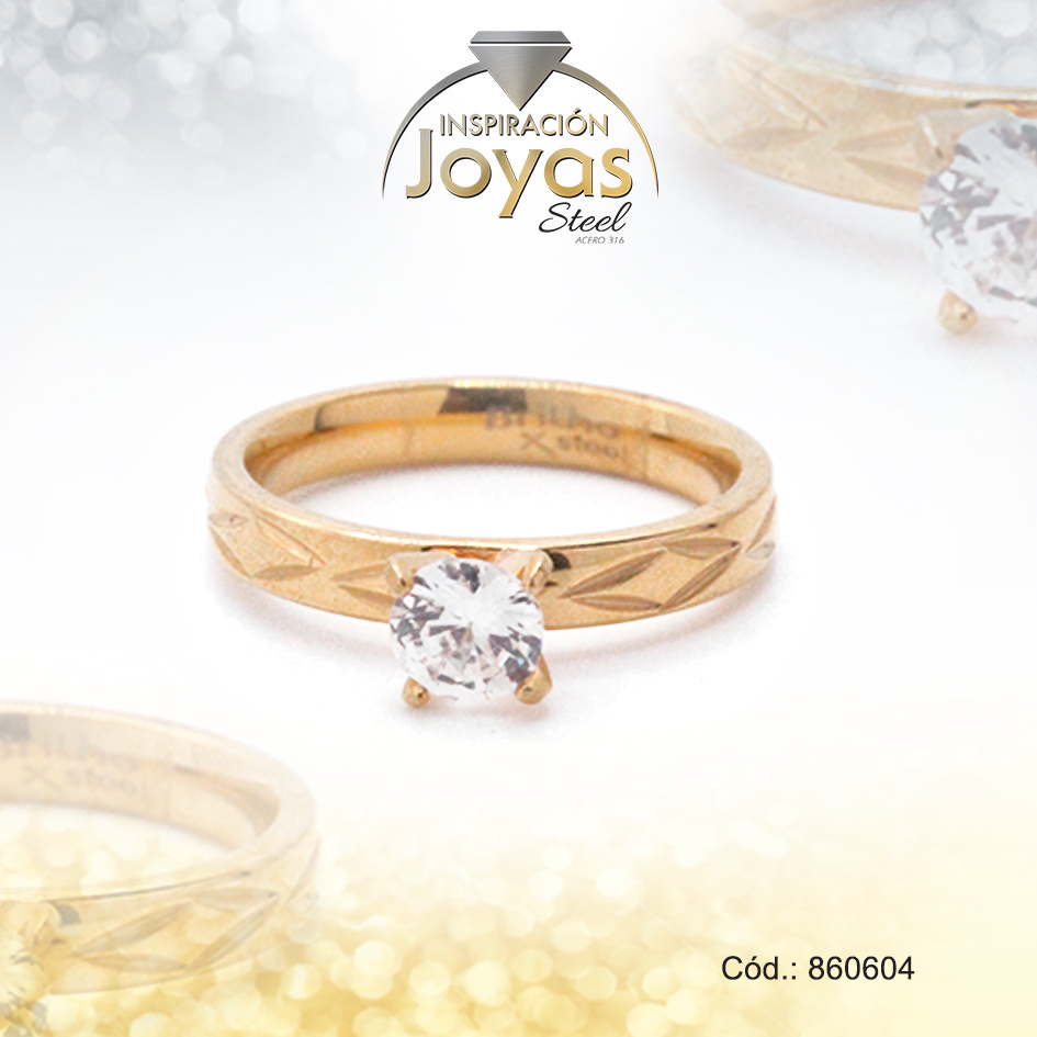Anillo de Acero Solitario Circón Dorado Círculo Talla 7 - 860604