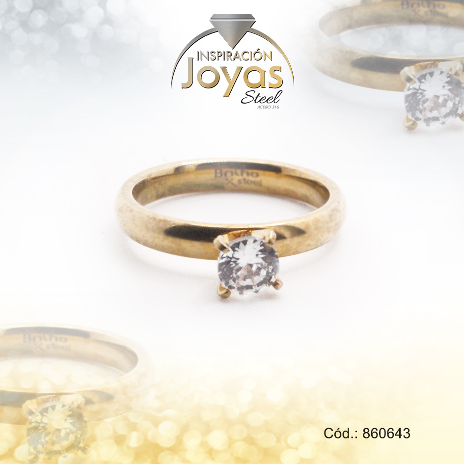 Anillo de Acero Solitario Circón Dorado Círculo Talla 6 - 860643