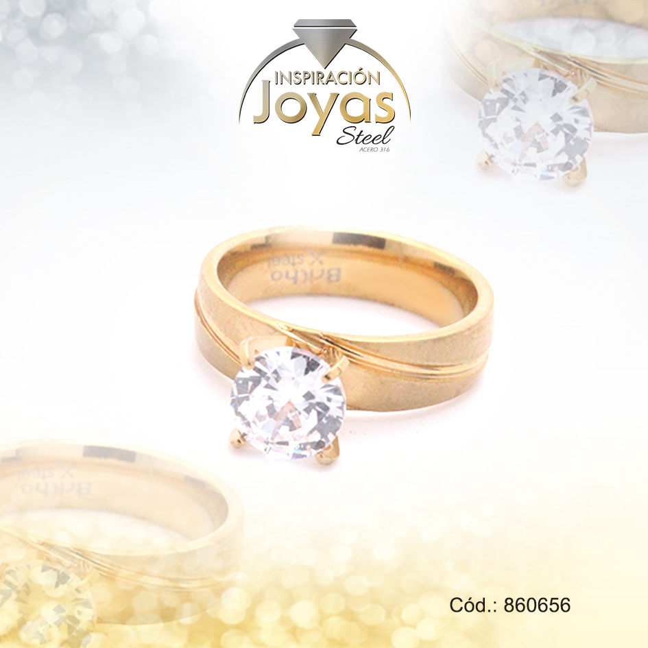 Anillo de Acero Solitario Circón Dorado Círculo Talla 8 - 860656
