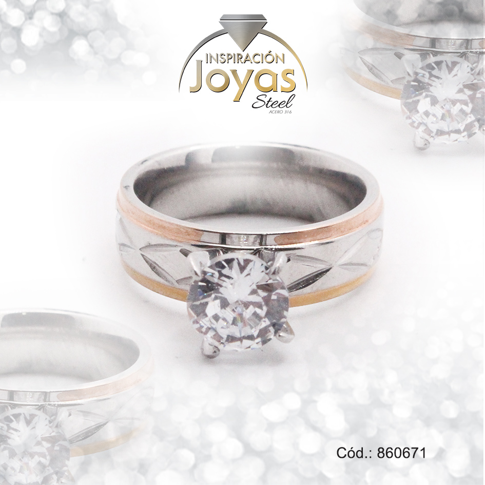 Anillo de Acero Solitario Circón 2 Tonos Círculo Talla 8 - 860671