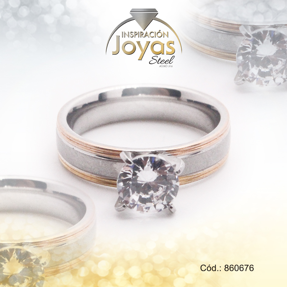 Anillo de Acero Solitario Circón 2 Tonos Círculo Talla 8 - 860676