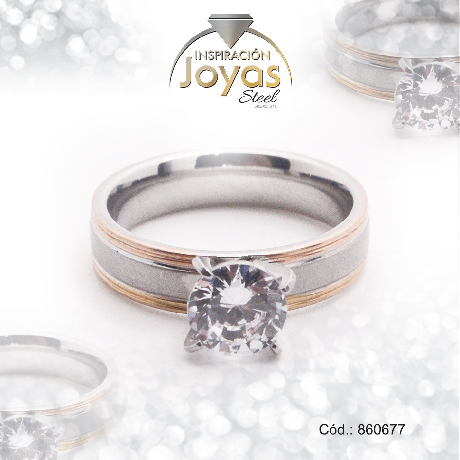 Anillo de Acero Solitario Circón 2 Tonos Círculo Talla 9 - 860677