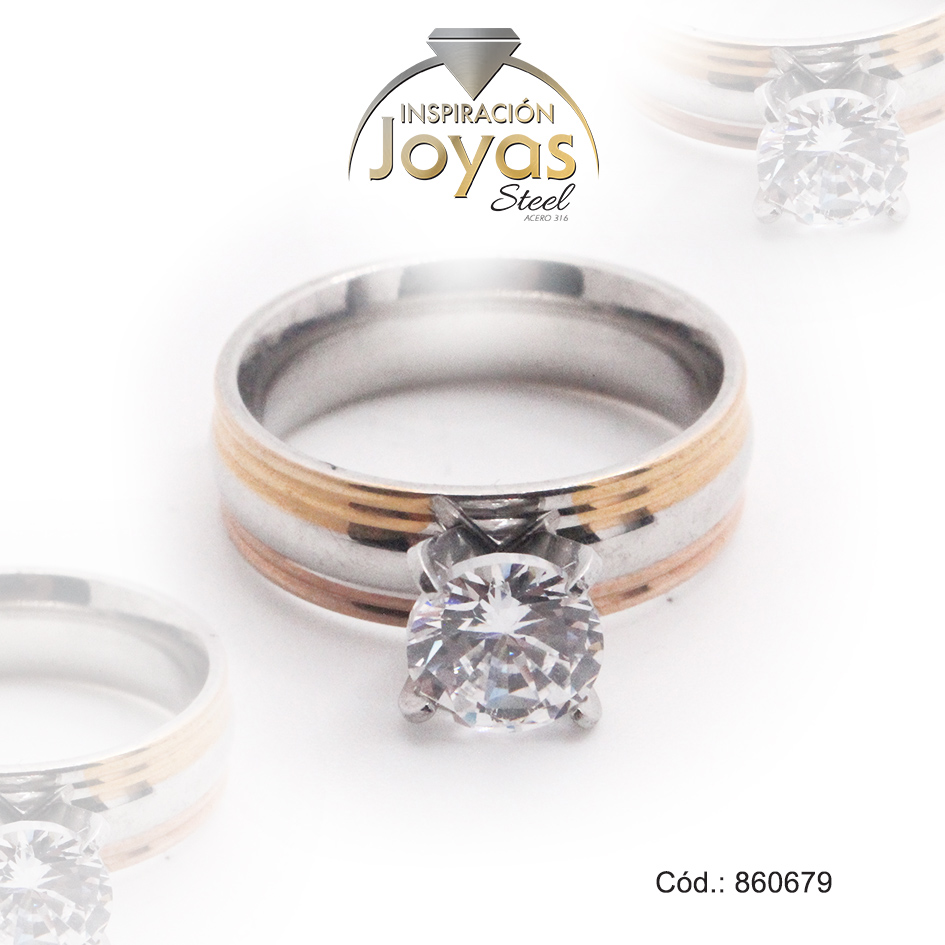 Anillo de Acero Solitario Circón 2 Tonos Círculo Talla 9 - 860679