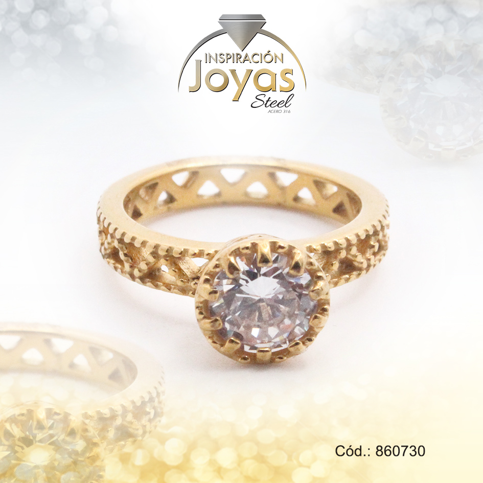Anillo de Acero Solitario Circón Dorado Círculo Talla 7 - 860730