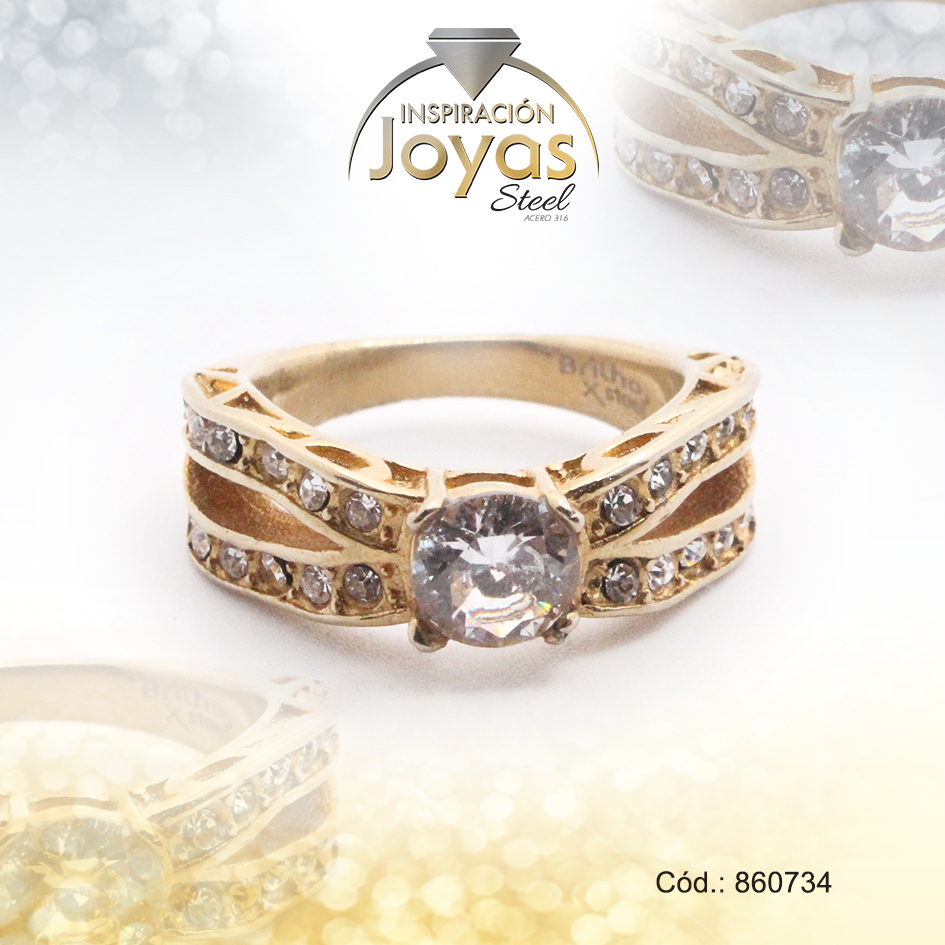 Anillo de Acero Solitario Circón Dorado Círculo Talla 7 - 860734