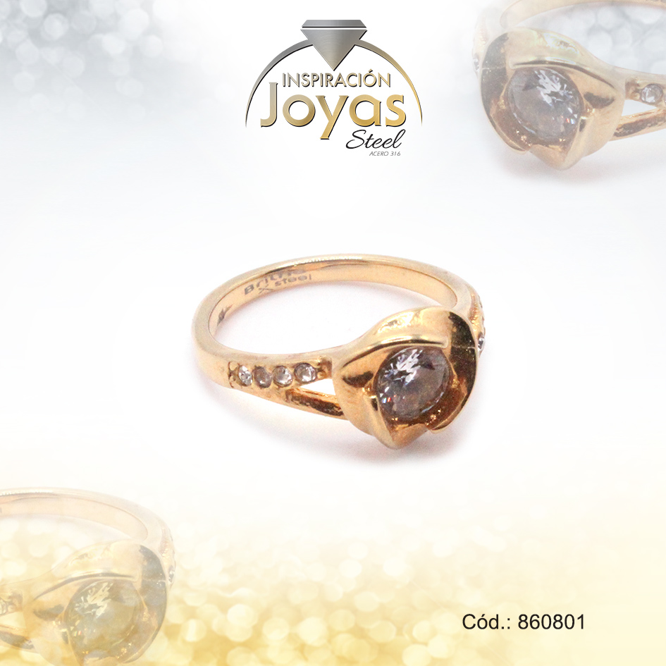 Anillo de Acero Solitario Circón Dorado Círculo Talla 9 - 860801