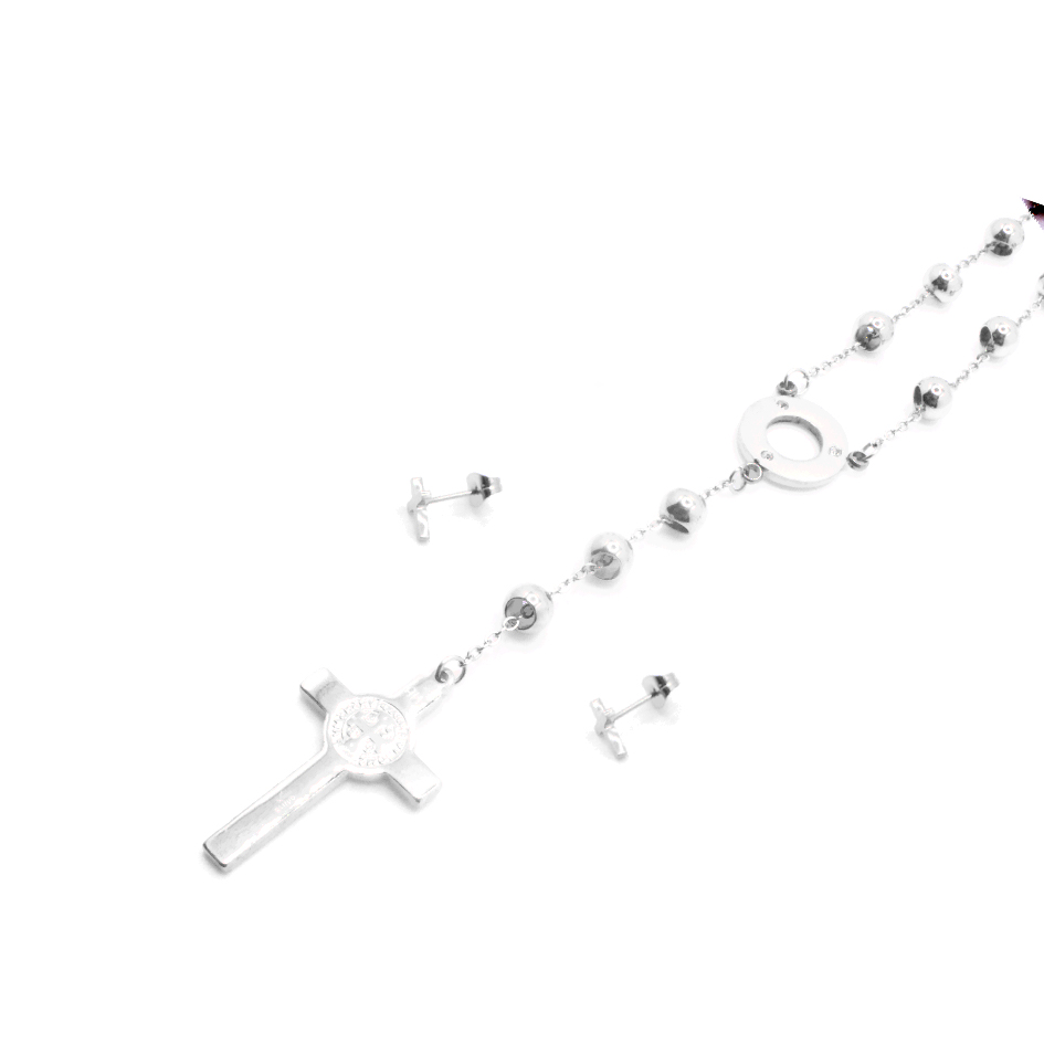 Conjunto de Acero Dama Cadena + Dije + Zarcillo Cruz Plateado - 880288