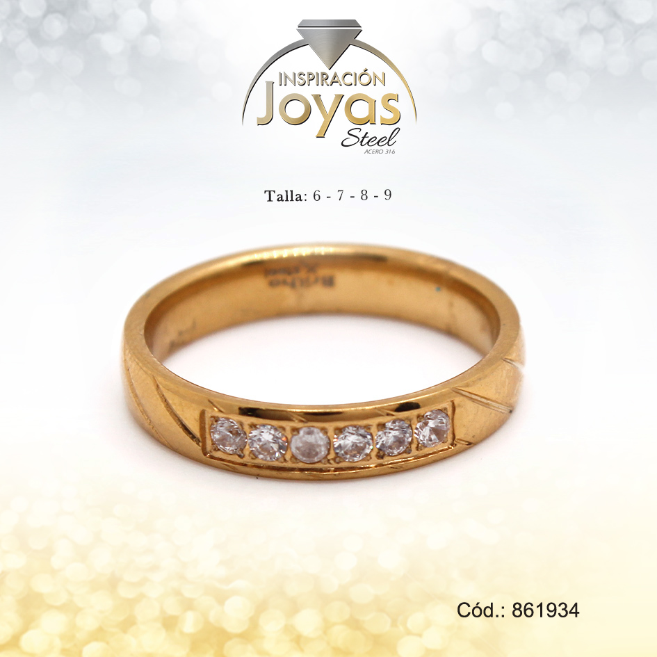 Anillo - Acero - Forma De Aro - Dorado - Lineas Con Cristal T: 9 - 86193490
