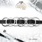 Pulsera de Acero Aleación Semi Cuero Plateado Círculo Negro  Medida 22 cm - 8024522