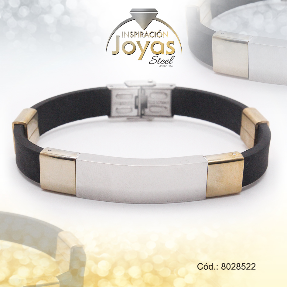 8028522 Pulsera de Acero Caballero Goma 2 Tonos Con Placa Negro Medida 22 cm - 8028522 - Imagen 1