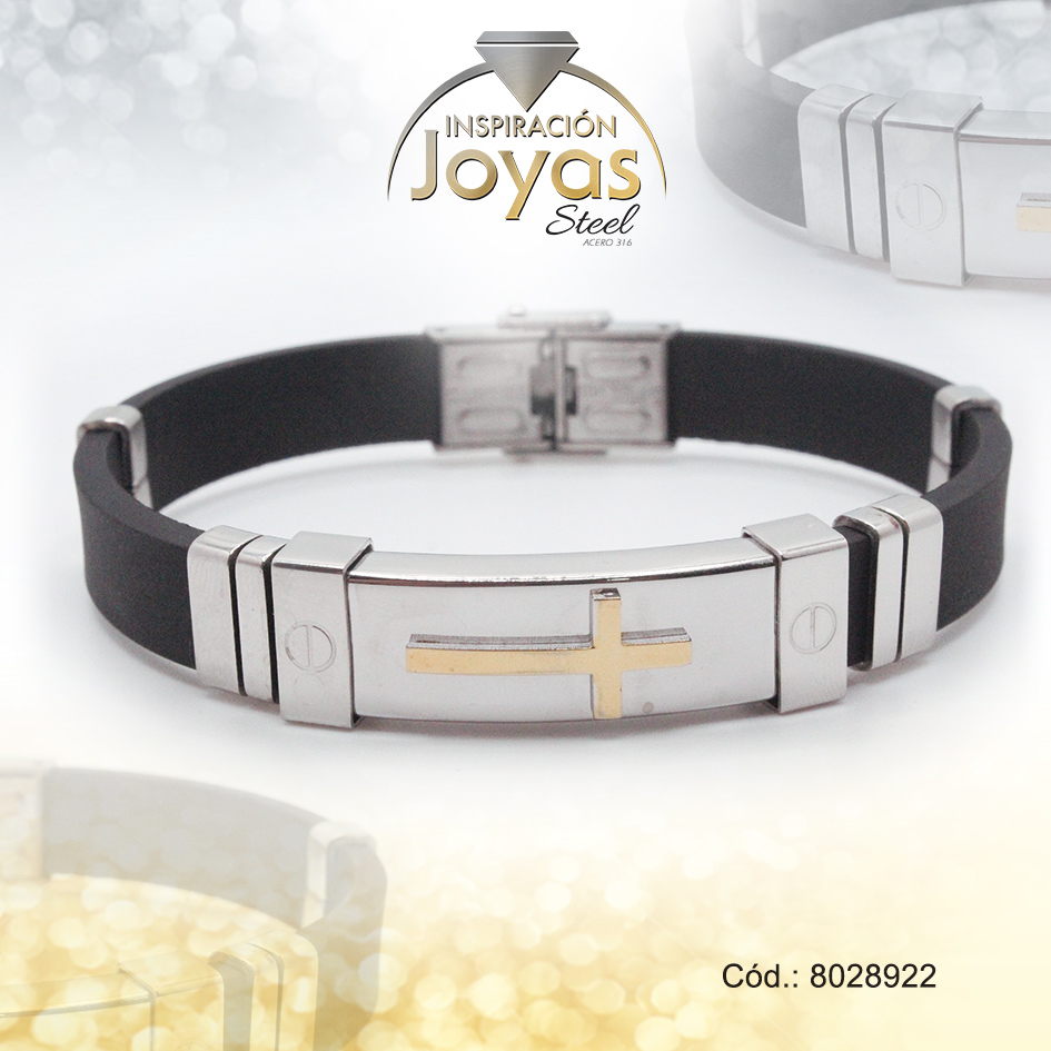 8028922 Pulsera de Acero Caballero Goma 2 Tonos Con Placa Negro Medida 22 cm - 8028922 - Imagen 1