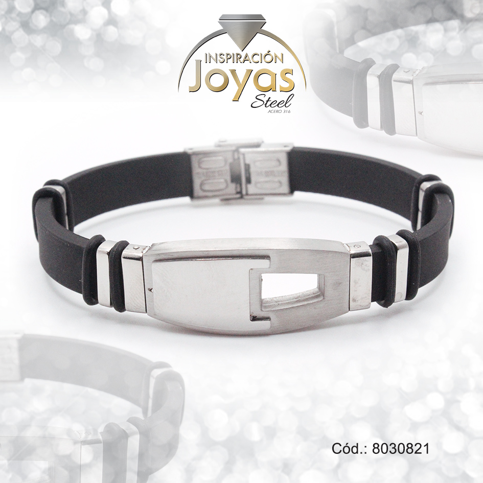 8030821 Pulsera de Acero Caballero Goma Plateado Con Placa Negro Medida 21 cm - 8030821 - Imagen 1