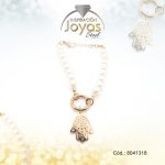 Pulsera de Acero Aleación Micro Circón Dorado Mano de Fátima Perla  Medida 18 cm - 8041318