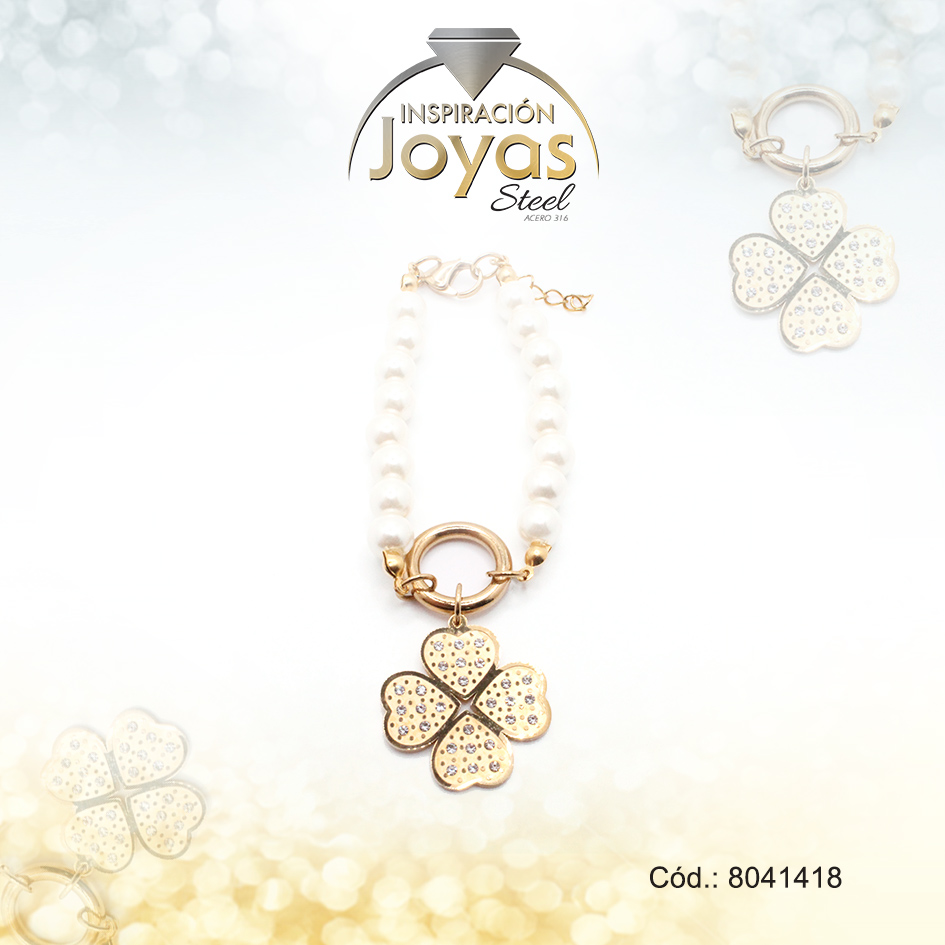 8041418 Pulsera de Acero Aleación Micro Circón Dorado Trébol Perla Medida 18 cm - 8041418 - Imagen 1