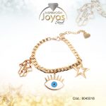 Pulsera de Acero Aleación Esmalte Dorado Mano de Fátima, Ojo Turco, Corazón   Medida 18 cm - 8045018