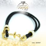 Pulsera de Acero Aleación Semi Cuero Dorado Ancla Negro - 820097