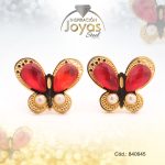 Zarcillo de Acero - Aleación Piedra - Dorado - Mariposa Rojo - 840645