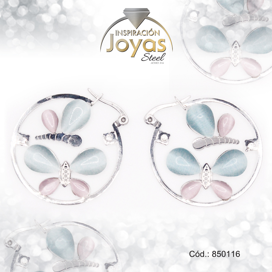 850116 Argolla de Acero Aleación Ojo De Gato Plateado Mariposa Azul/Rosado - 850116 - Imagen 1