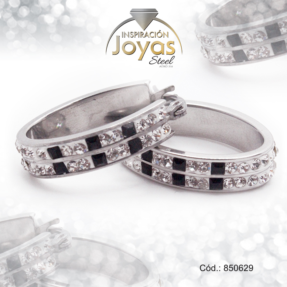 850629 Argolla de Acero Forma Geométrica con Piedra Plateado Óvalo Negro - 850629 - Imagen 1