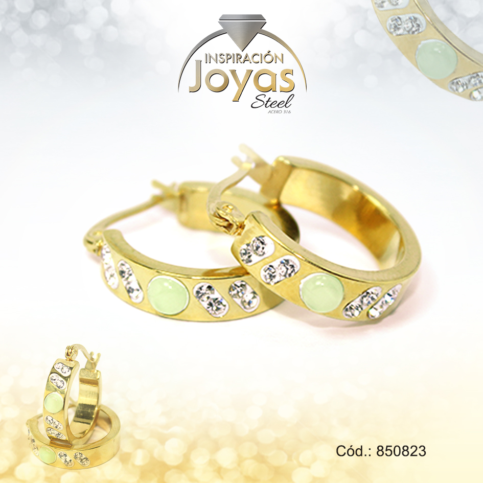 850823 Argolla de Acero Aleación Ojo De Gato Dorado Círculo Verde - 850823 - Imagen 1