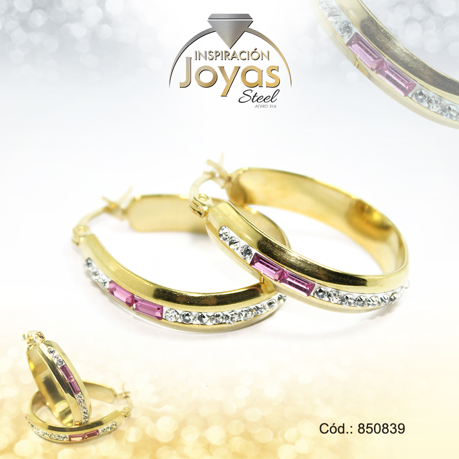 850839 Argolla de Acero Forma Geométrica con Piedra Dorado Óvalo Rosado - 850839 - Imagen 1