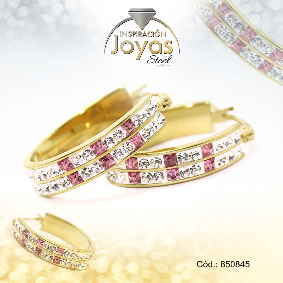 850845 Argolla de Acero Forma Geométrica con Piedra Dorado Óvalo Rosado - 850845 - Imagen 1