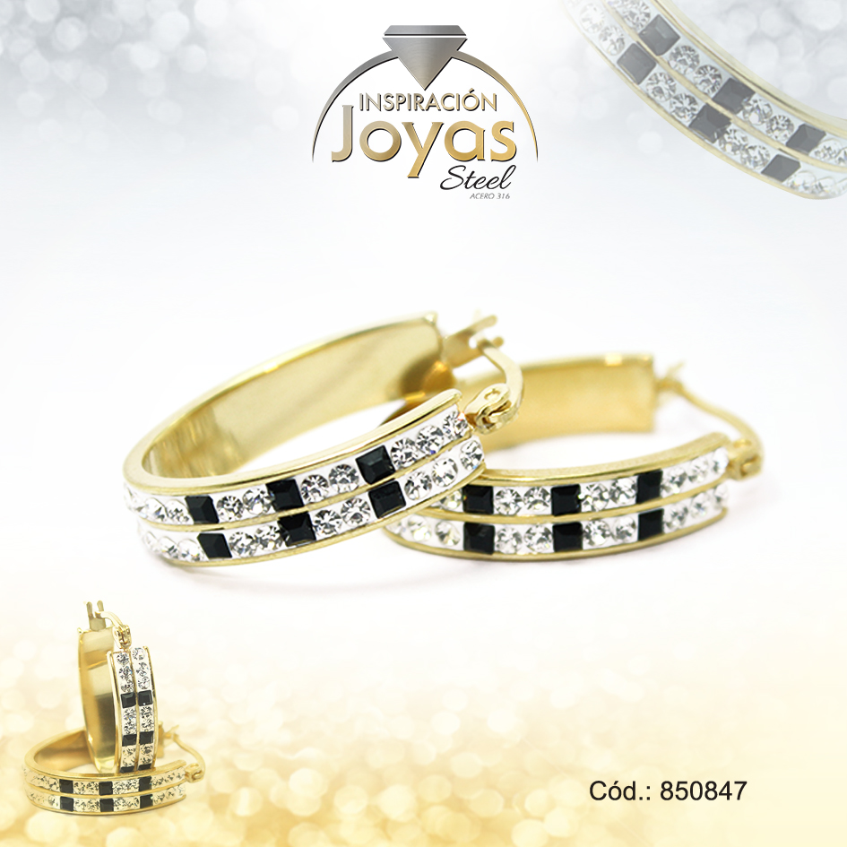 850847 Argolla de Acero Forma Geométrica con Piedra Dorado Óvalo Negro - 850847 - Imagen 1