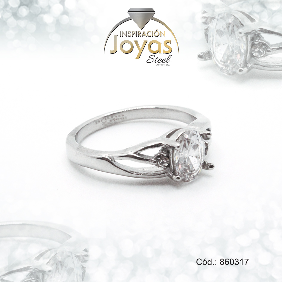 860317 Anillo de Acero Solitario Circón Plateado Óvalo Talla 9 - 860317 - Imagen 1