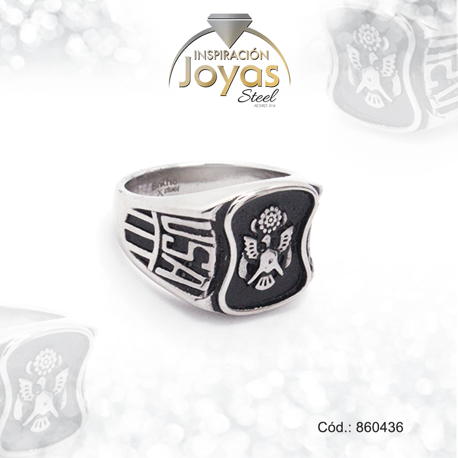 860436 Anillo de Acero Caballero Esmalte Plateado Escudo USA NegroTalla 9 - 860436 - Imagen 1