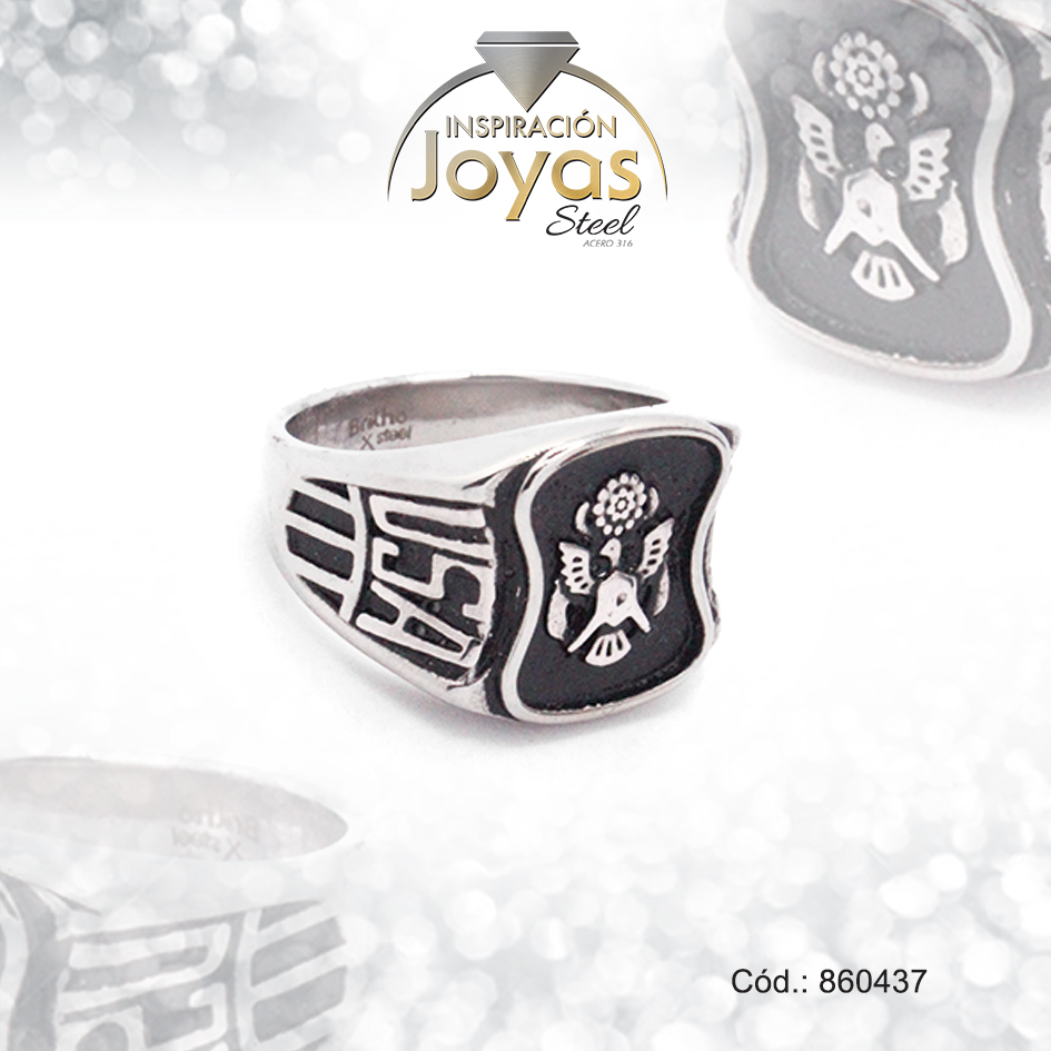 860437 Anillo de Acero Caballero Esmalte Plateado Escudo USA NegroTalla 10 - 860437 - Imagen 1