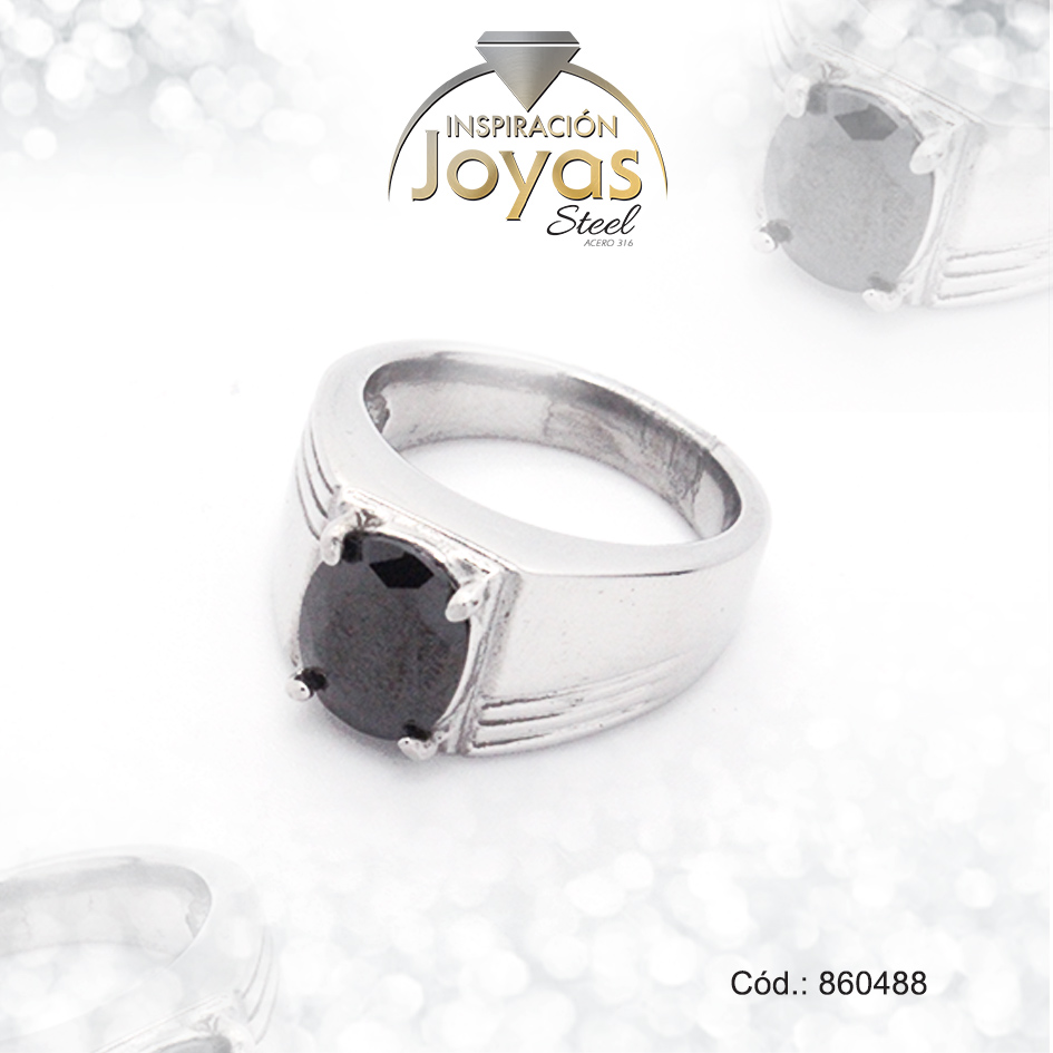 860488 Anillo de Acero Caballero Piedra Plateado Óvalo NegroTalla 7 - 860488 - Imagen 1
