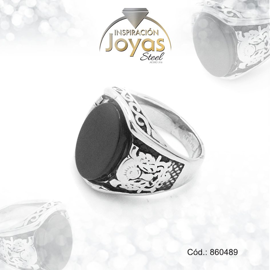 860489 Anillo de Acero Caballero Piedra Plateado Punk NegroTalla 8 - 860489 - Imagen 1