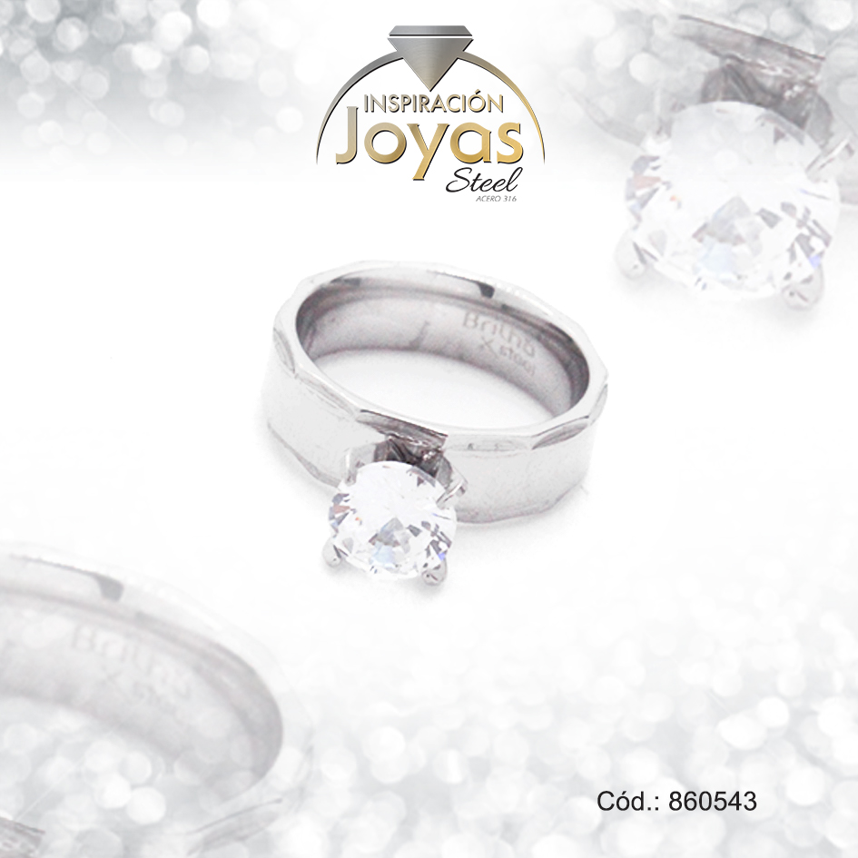 860543 Anillo de Acero Solitario Circón Plateado Círculo Talla 8 - 860543 - Imagen 1
