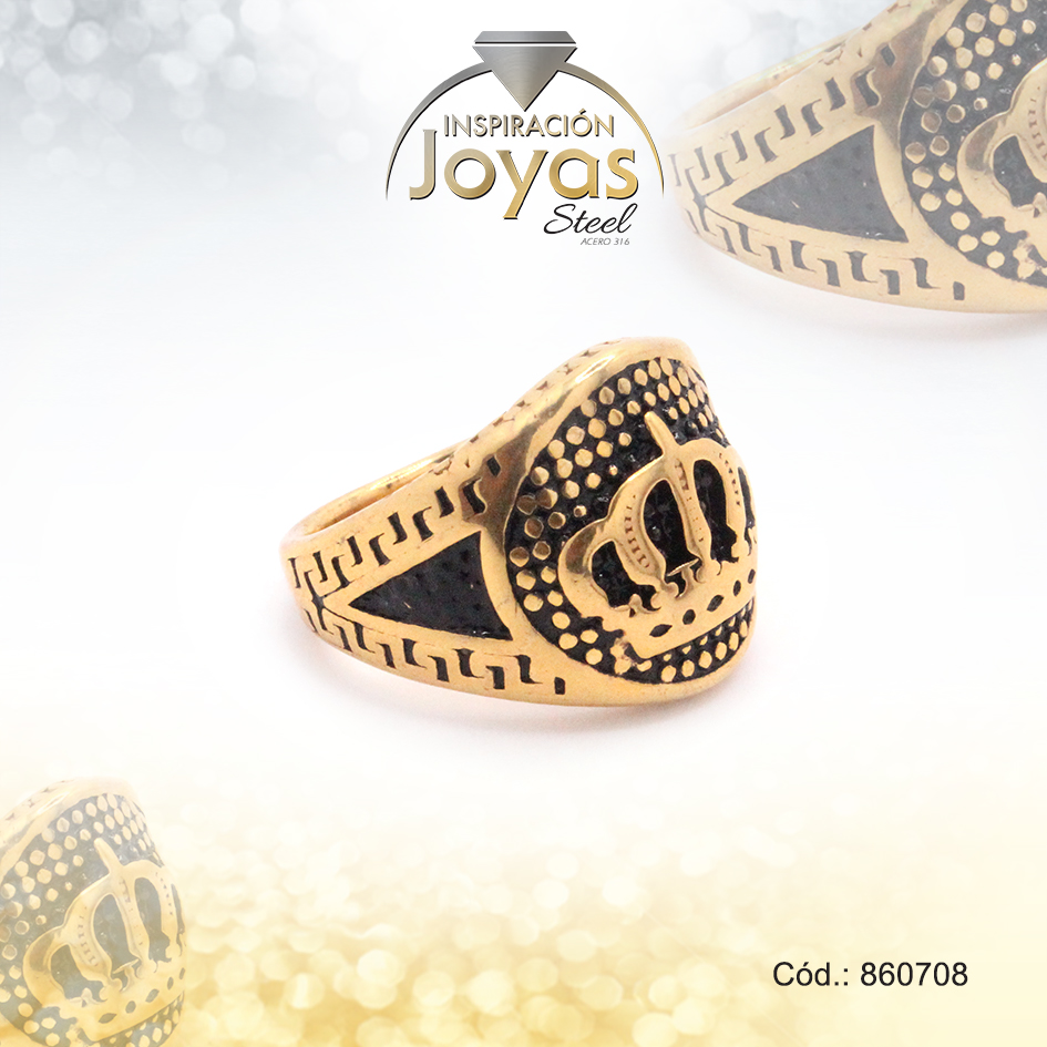 860708 Anillo de Acero Caballero Esmalte Dorado Punk NegroTalla 8 - 860708 - Imagen 1